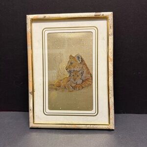 Vtg Retro Metallic Gold Lion Lioness Cub Foil Art Picture Boho Kitsch 6" x 8"